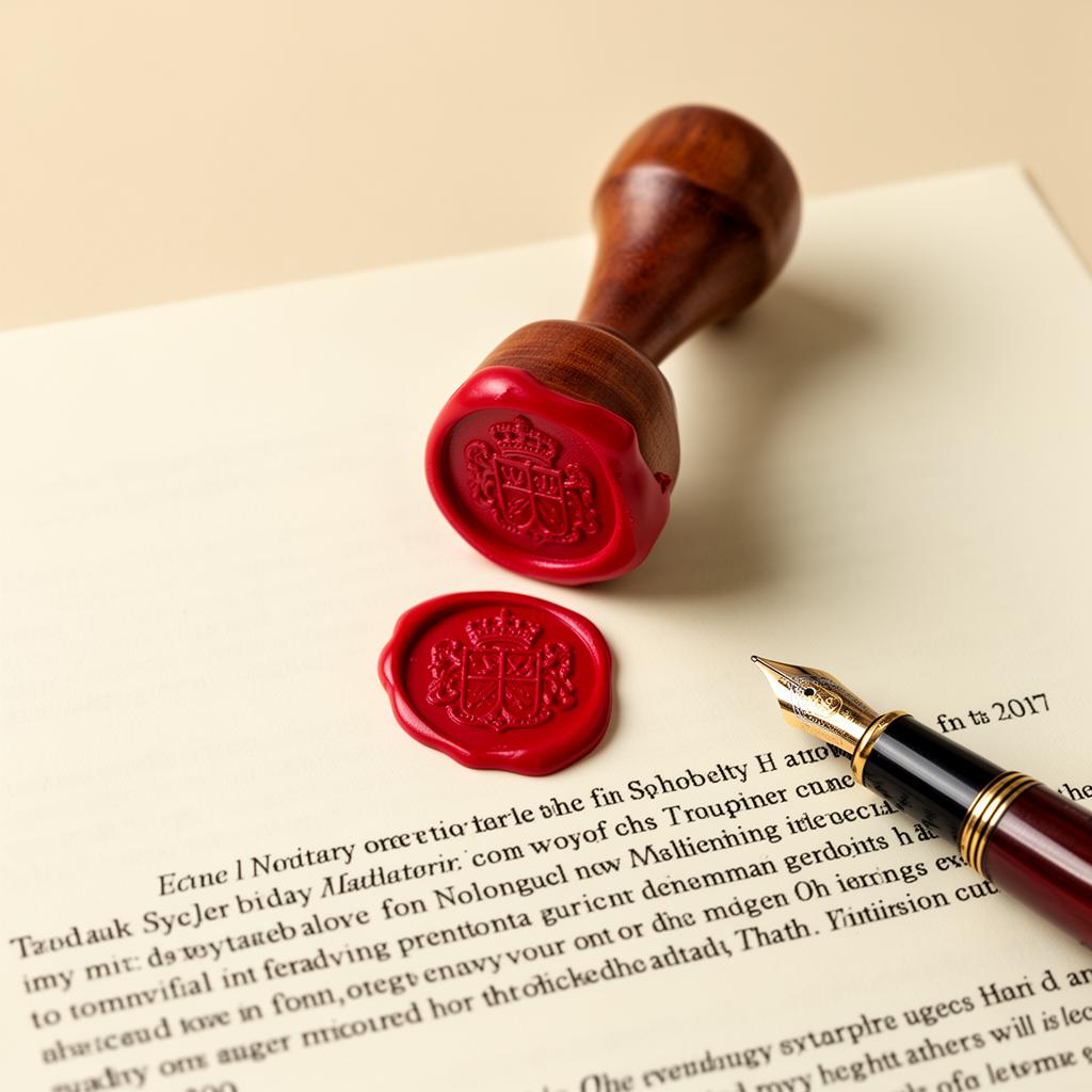 Red wax notary seal on a legal document with fountain pen