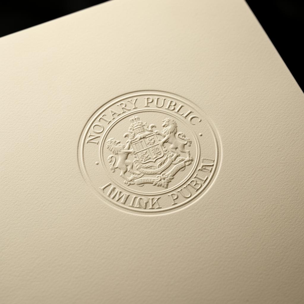 Brass notary public stamp on legal documents